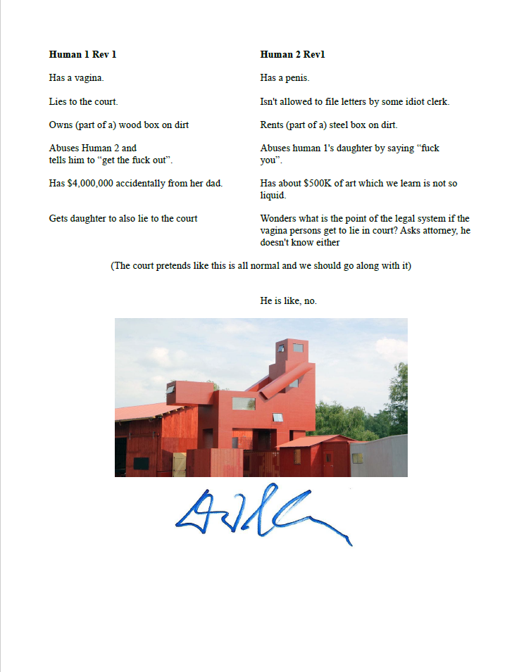 A document comparing two individuals with contrasting descriptions, including their names, traits, and actions, alongside an image of a unique architectural structure.