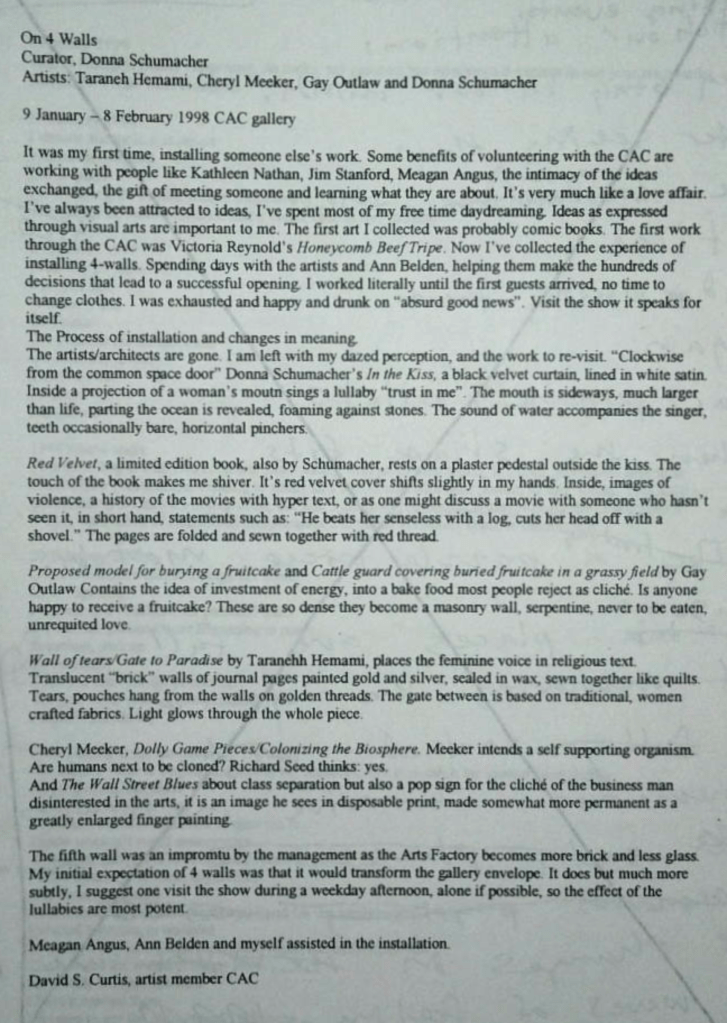 A detailed artist statement describing installation work by Taranheh Hemami, Cheryl Meeker, Gay Outlaw, and Donna Schumacher for a 1998 gallery exhibition.