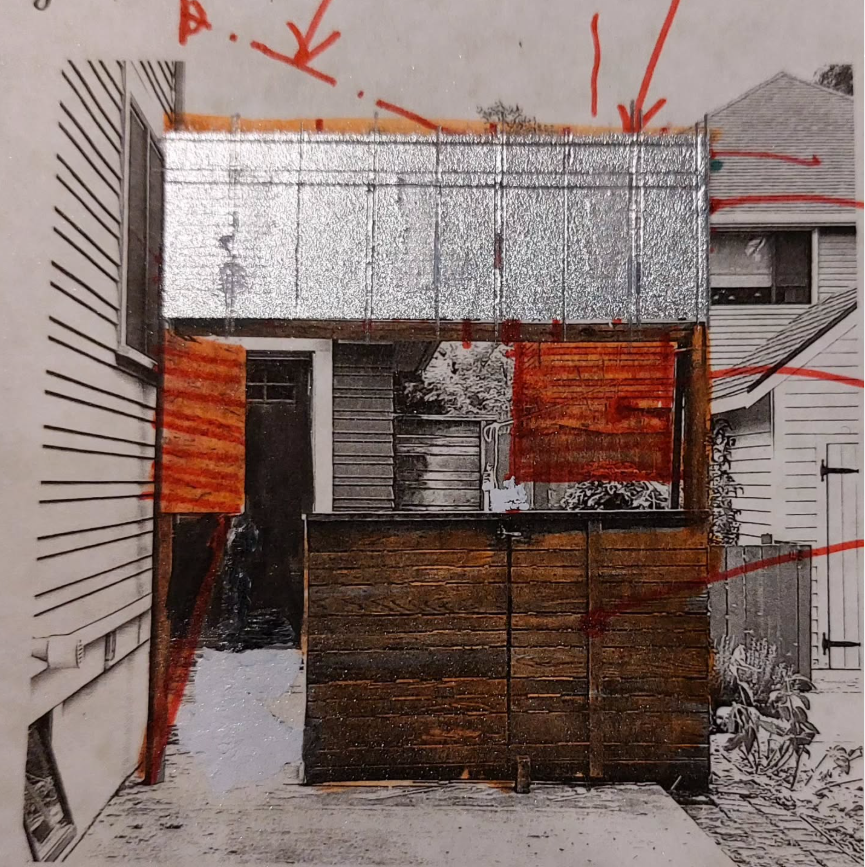 A mixed-media artwork depicting a conceptual design of a structure featuring metallic elements and wooden panels, surrounded by residential buildings.