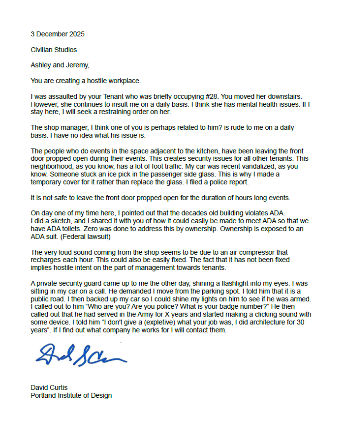 A letter dated December 3, 2025, from David Curtis of the Portland Institute of Design addressed to Civilian Studios, expressing concerns about a hostile workplace and safety issues, including an assault and violations of the Americans with Disabilities Act (ADA).